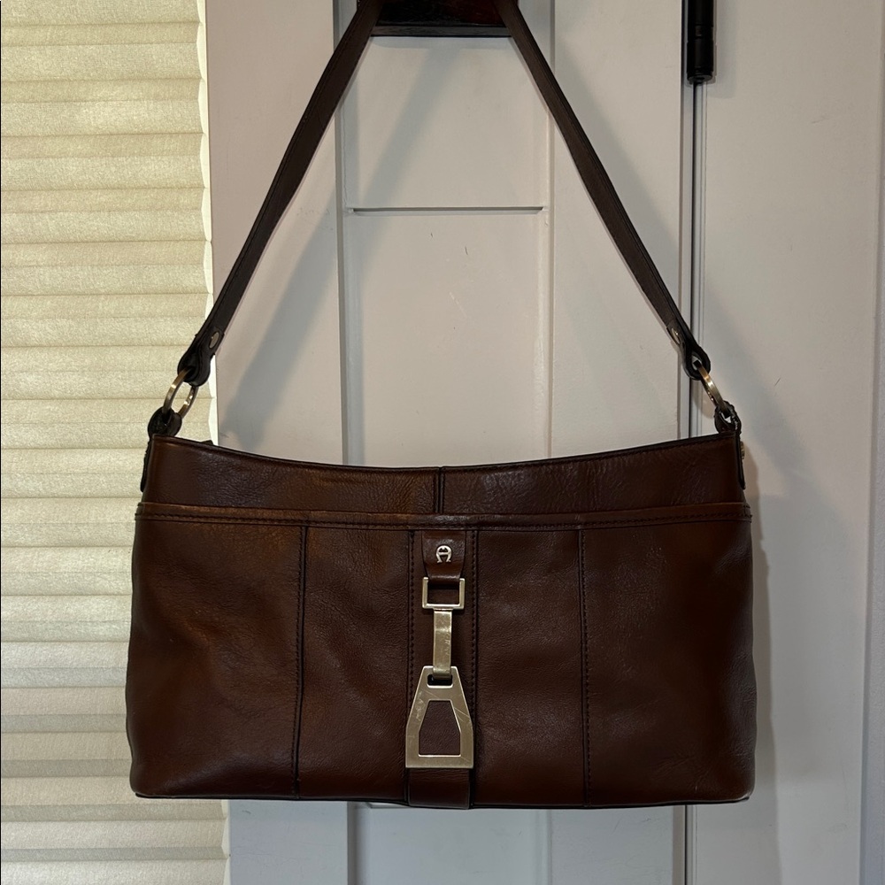 Etienne Aigner Dark Brown Leather Shoulder Bag with Silver Hardware